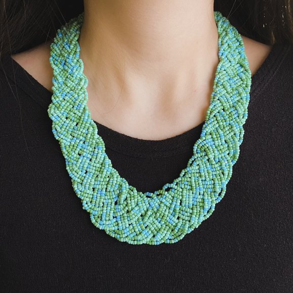 Tanjore India SignedTurquoise Blue Green Woven Seed Bead Collar Bib Necklace - Picture 11 of 12